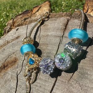 Gold-Tone Charm Bracelet with Turquoise Blue Beads and Crystal Accents